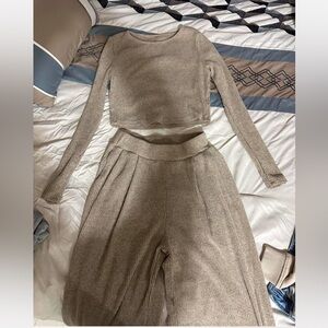 Beige Ribbed Knit Two-Piece Set